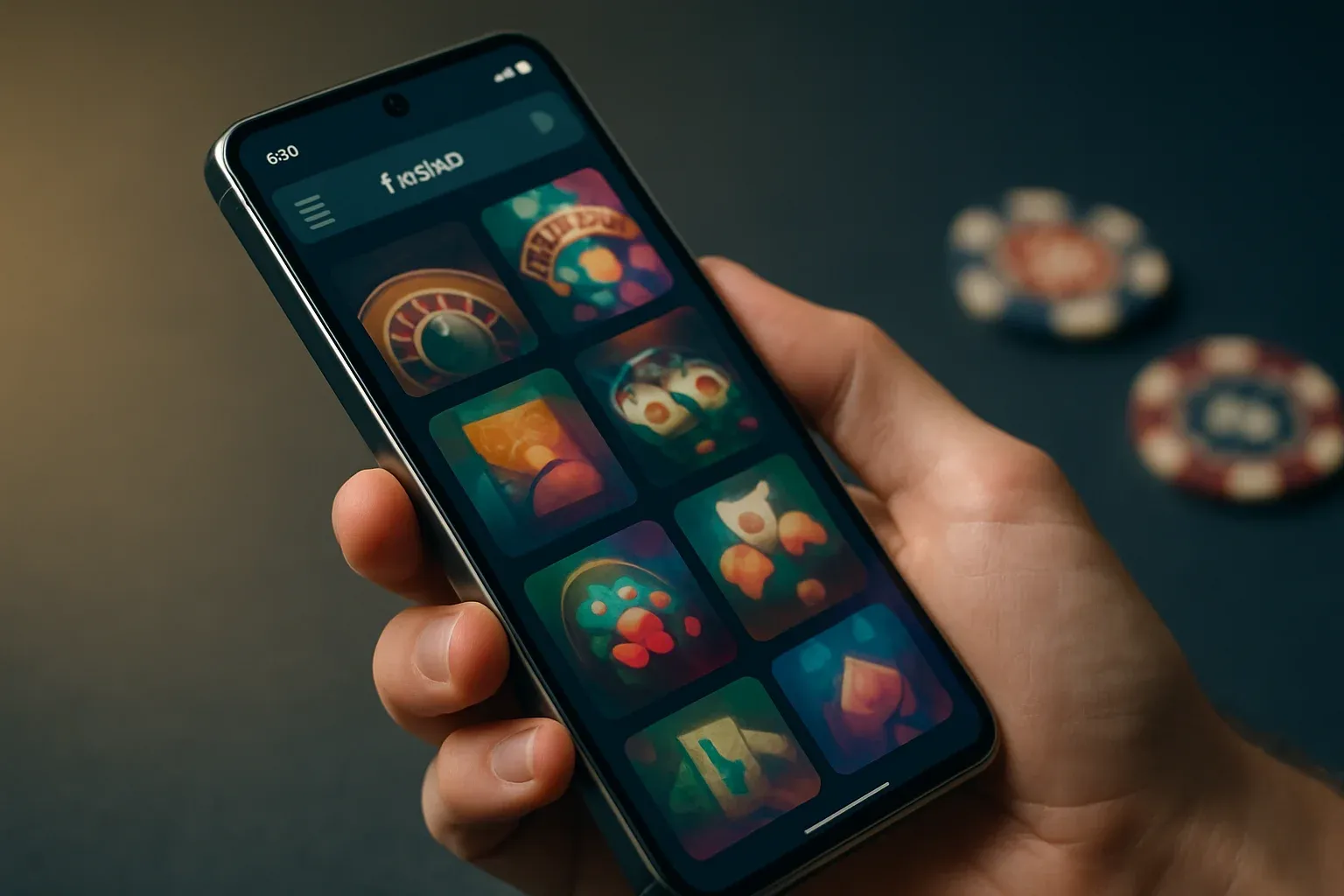 Hyperrealistic Android smartphone showing vivid casino app interface, dramatic studio lighting