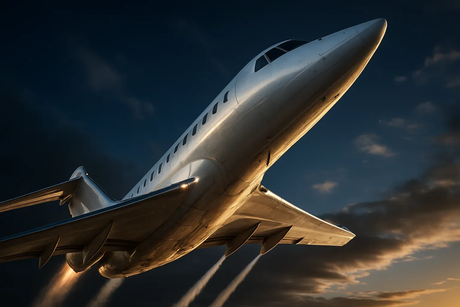 Hyperrealistic white jet climbing steeply in deep blue sky with contrails