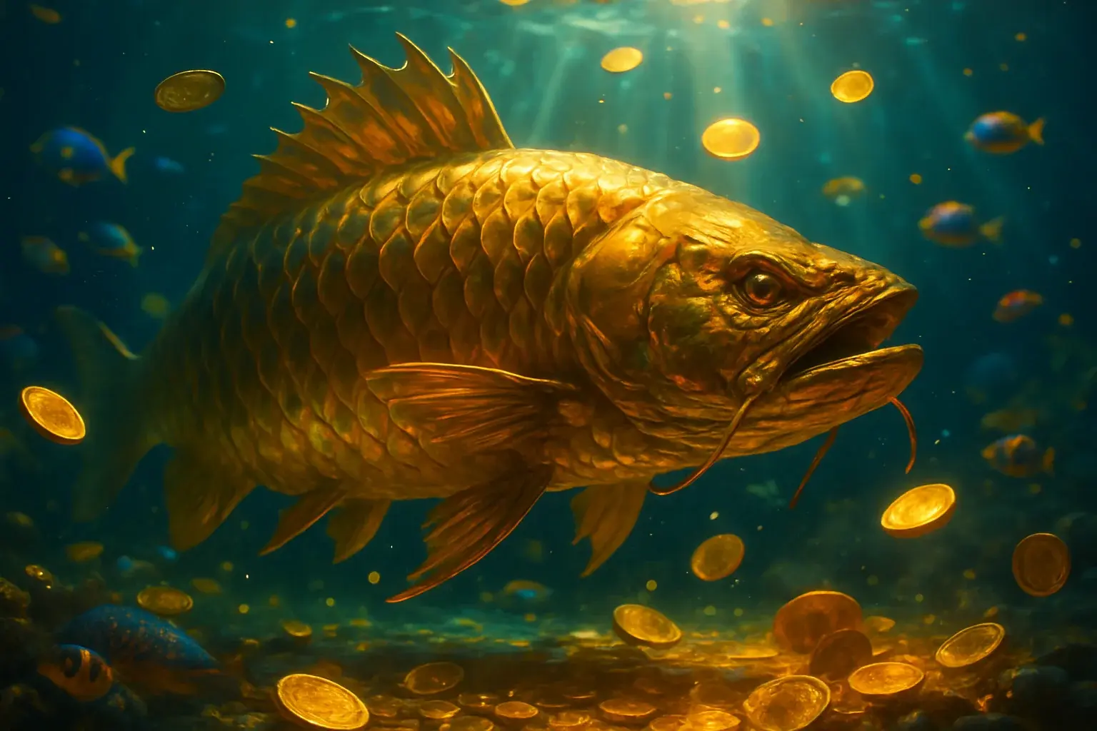 Hyperrealistic underwater golden dragon fish surrounded by glowing coins and treasure