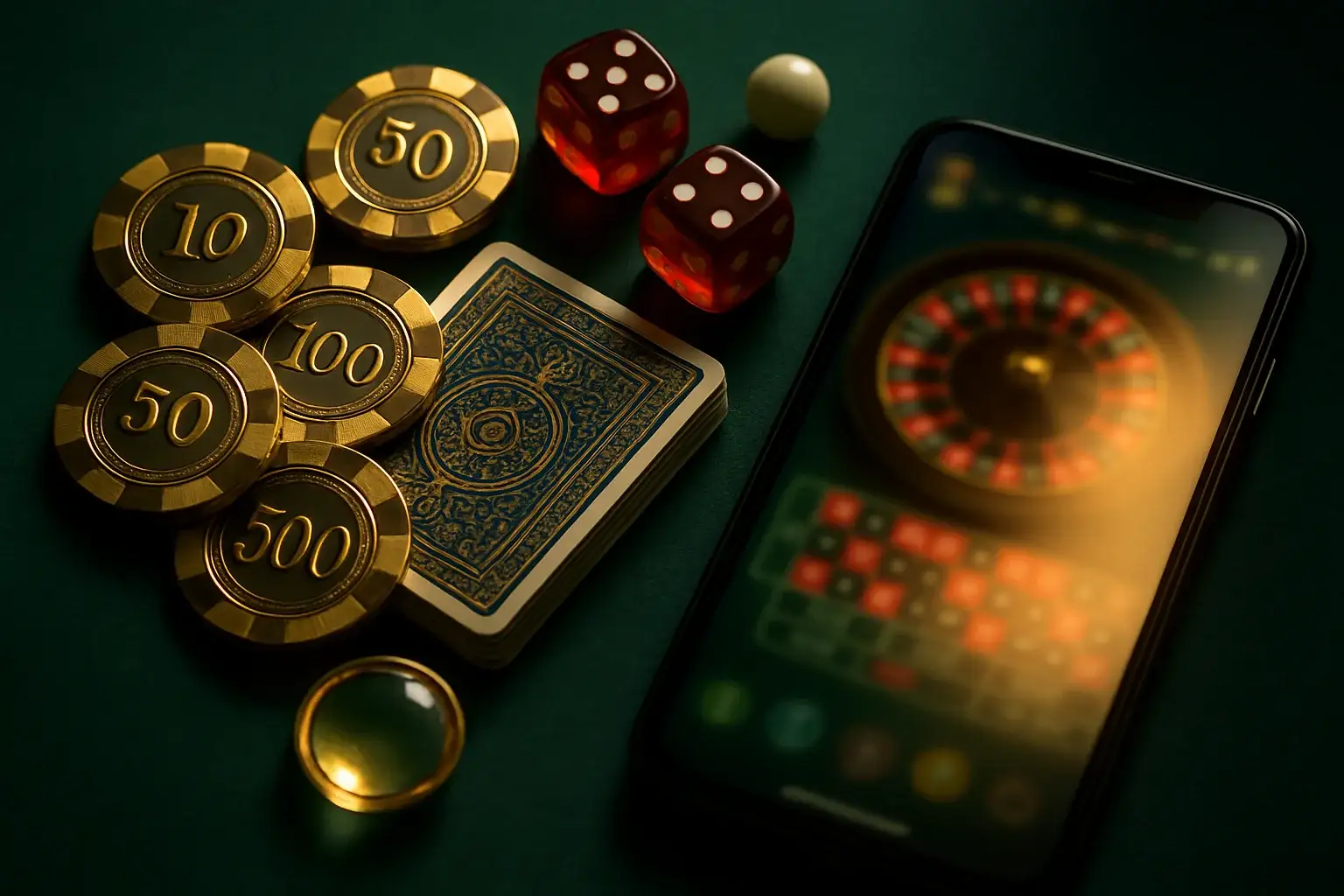 Top-down casino table with golden chips, cards, dice, roulette ball, smartphone