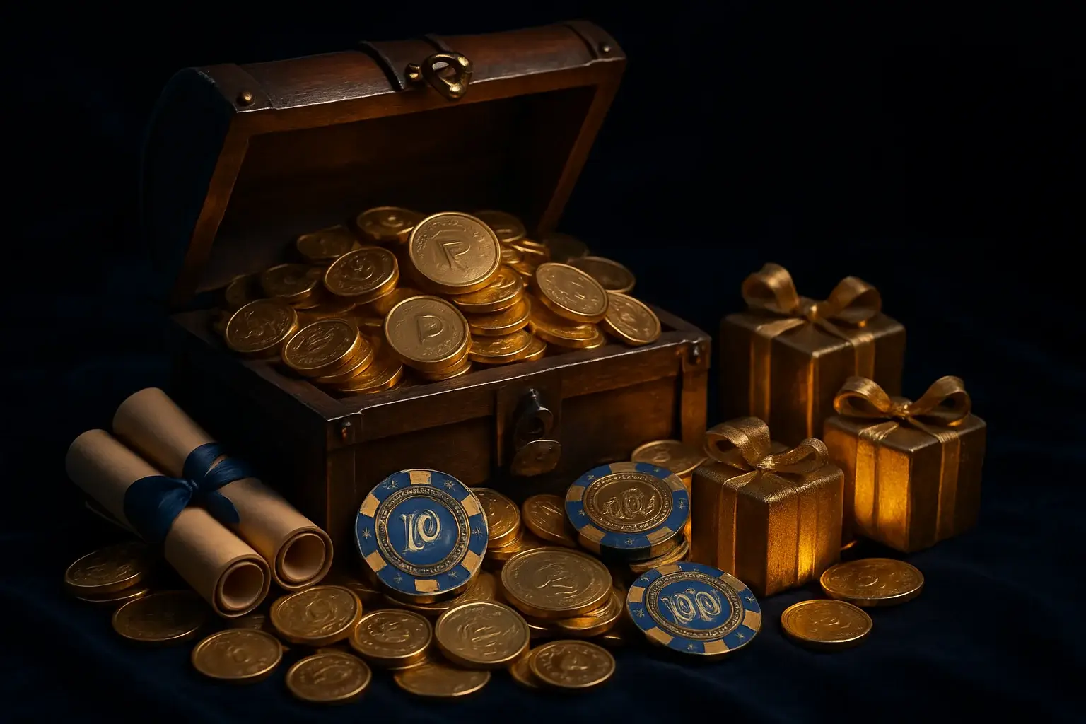 Overflowing treasure chest with gold coins, casino chips, vouchers, and gift boxes