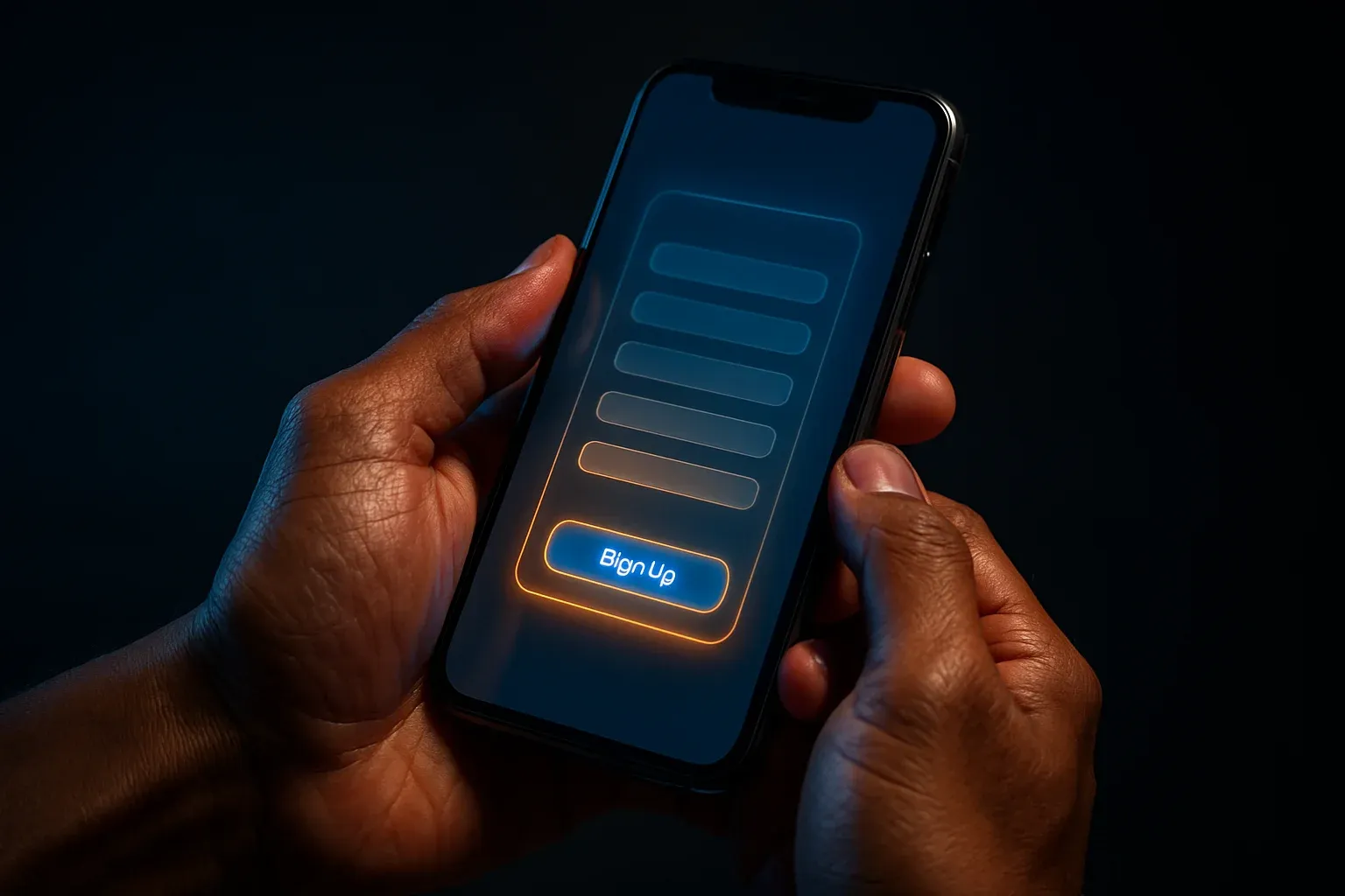 Filipino man hands holding smartphone with blurred registration screen, blue gold glow
