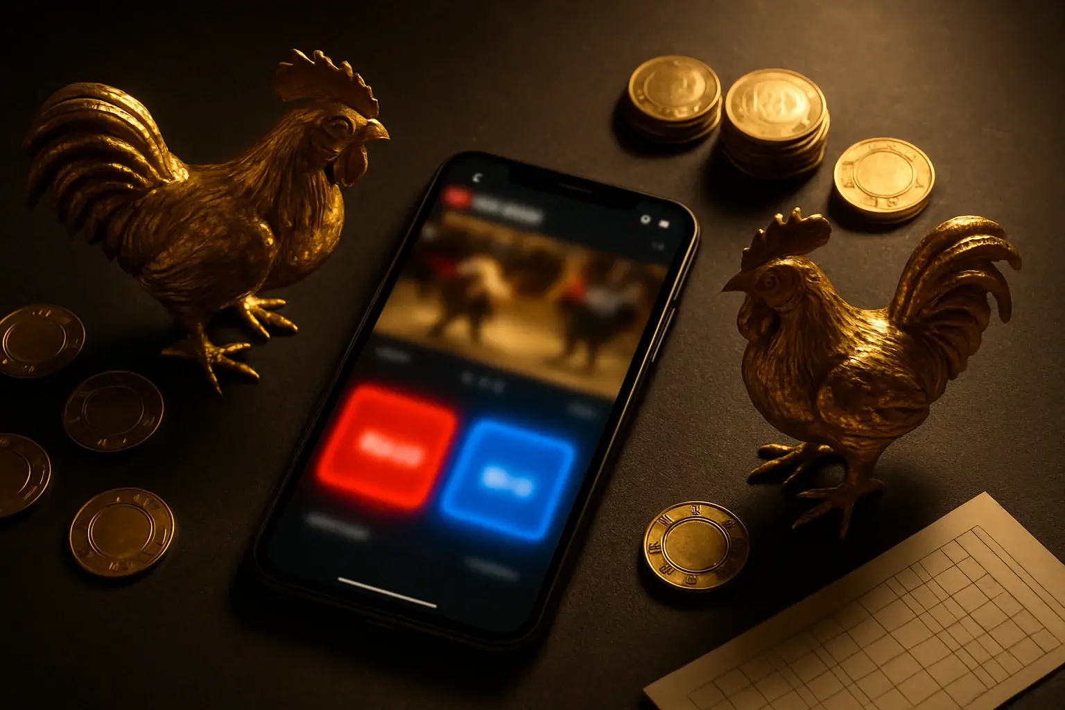 Smartphone sabong betting interface with golden roosters, peso coins, and casino chips