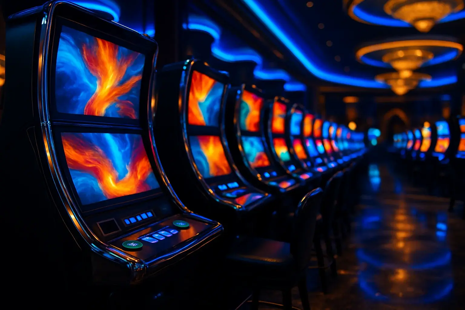 Hyperrealistic wide shot of Manila casino slots floor with blue gold lighting