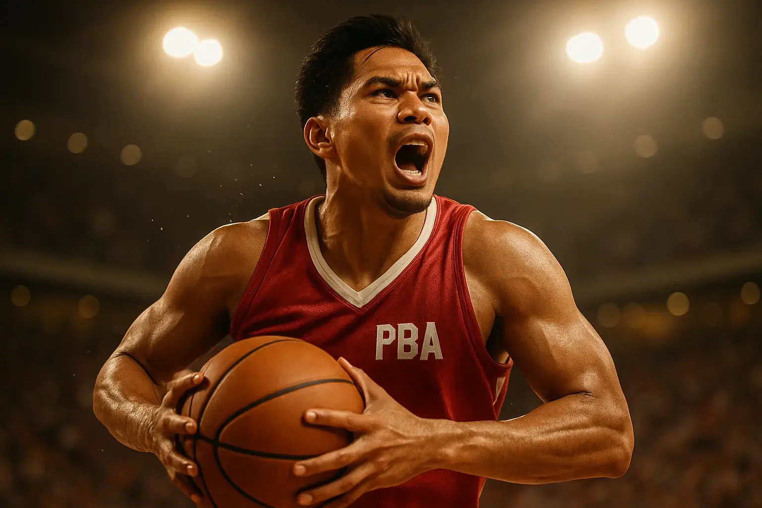 Filipino PBA player mid-air driving to basket under arena lights
